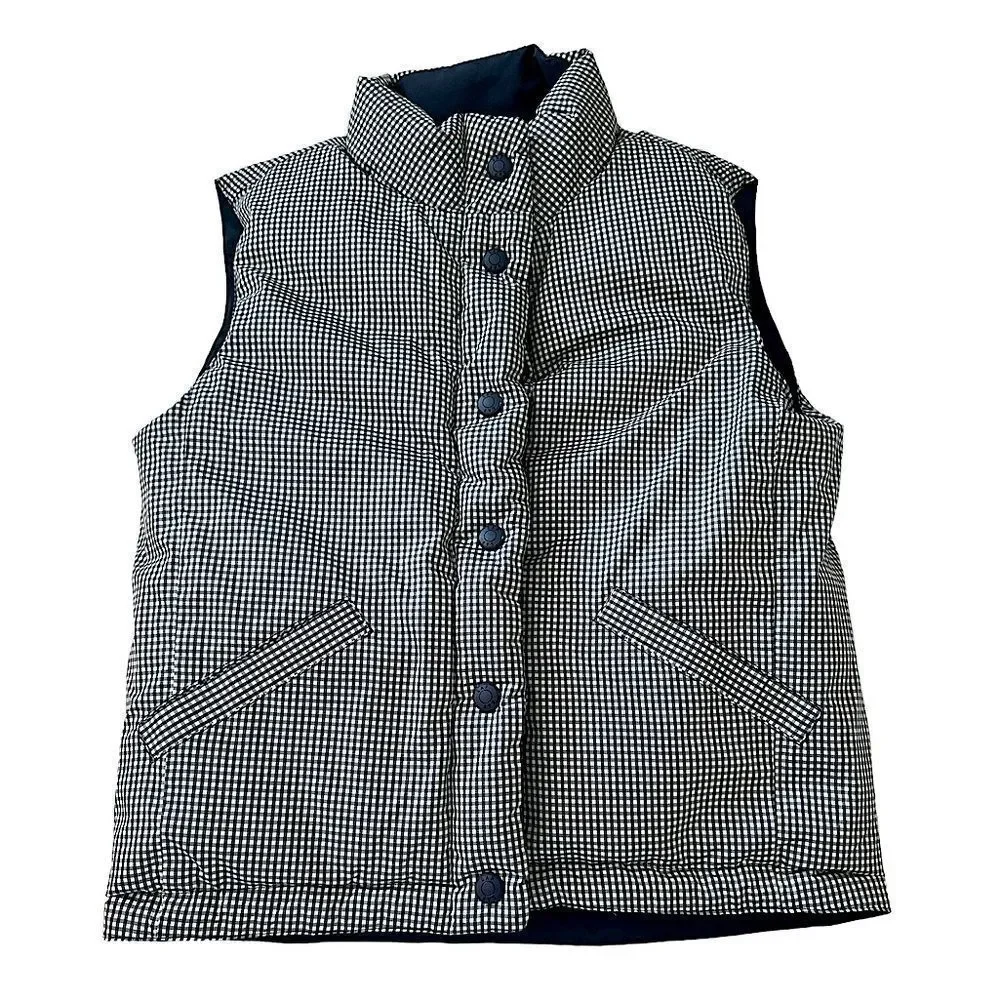 GAP Reversible Puffer Vest Navy Checkered Winter 7-8 Youth EUC Like New
